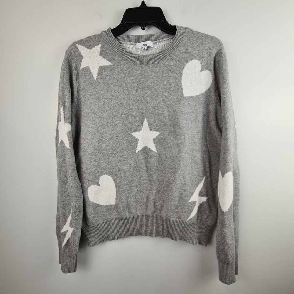 FATE Womens Gray Cotton Star Heart Lightning Bolt Graphic Crew Neck Sweater M
